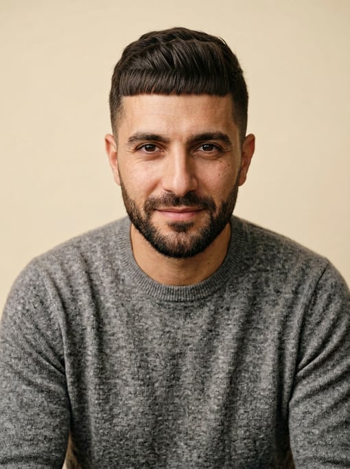 Professional studio headshot of a 33-year-old Lebanese man with a French crop in dark brown