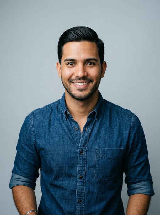 Professional studio headshot of a 27-year-old Cuban man with neat black side-parted hair