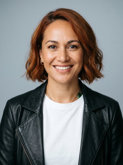 Professional studio headshot of a 38-year-old Maori woman with a chin-length bob in auburn