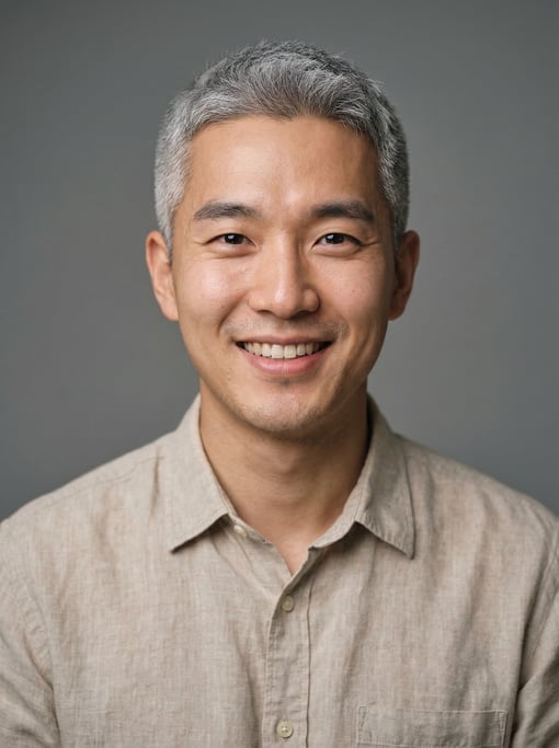 Professional studio headshot of a 25-year-old Korean man with fully grey short cropped hair