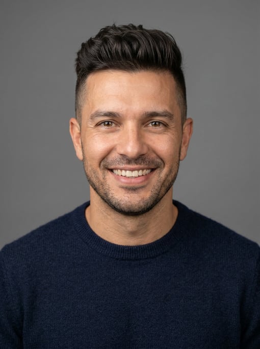 Professional studio headshot of a 39-year-old Brazilian man with an undercut with longer textured to