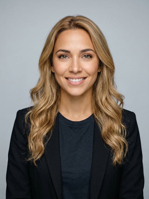 Professional studio headshot of a 28-year-old Cuban woman with long wavy honey blonde hair