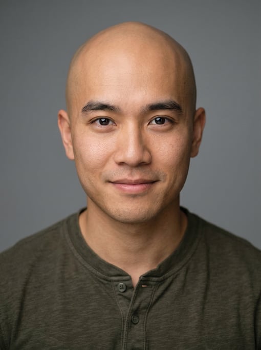 Professional studio headshot of a 26-year-old Vietnamese man with a completely bald head