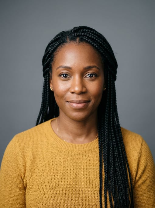 Professional studio headshot of a 37-year-old Black Caribbean woman with long box braids in black