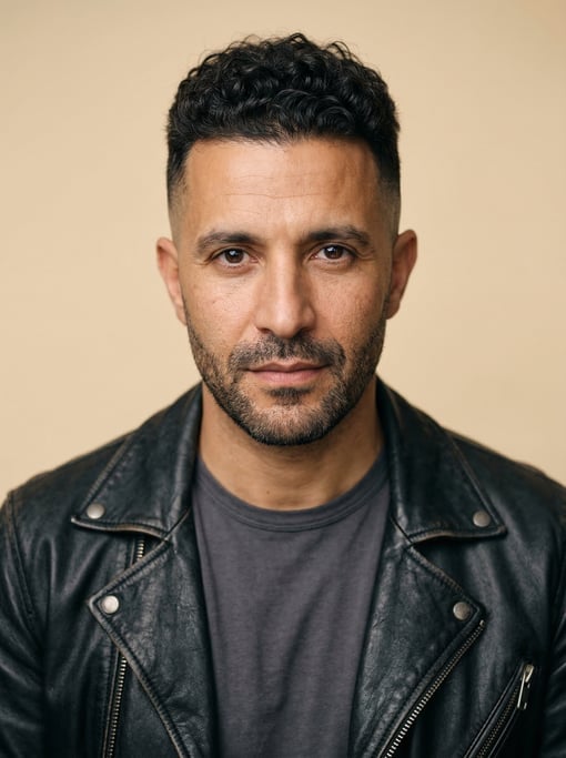 Professional studio headshot of a 40-year-old North African man with a skin fade with longer curly t