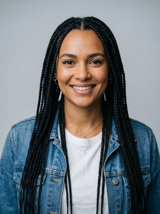 Professional studio headshot of a 31-year-old Brazilian woman with long box braids in black