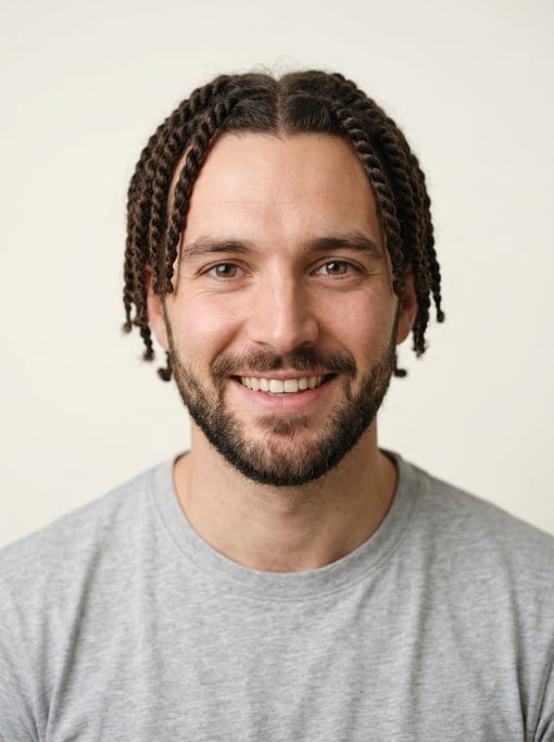Professional studio headshot of a 26-year-old White European man with twists in dark brown