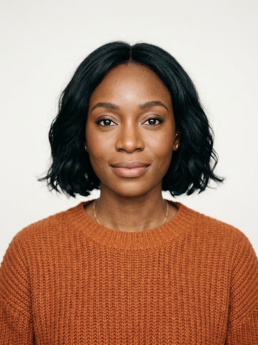 Professional studio headshot of a 27-year-old West African woman with a chin-length bob in jet black