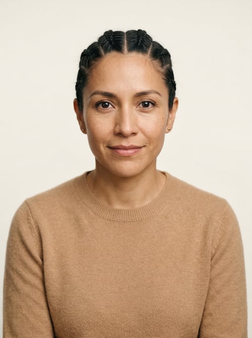 Professional studio headshot of a 35-year-old Mexican woman with cornrows pulled back neatly