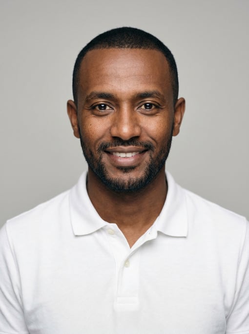 Professional studio headshot of a 35-year-old Ethiopian man with a buzz cut in black