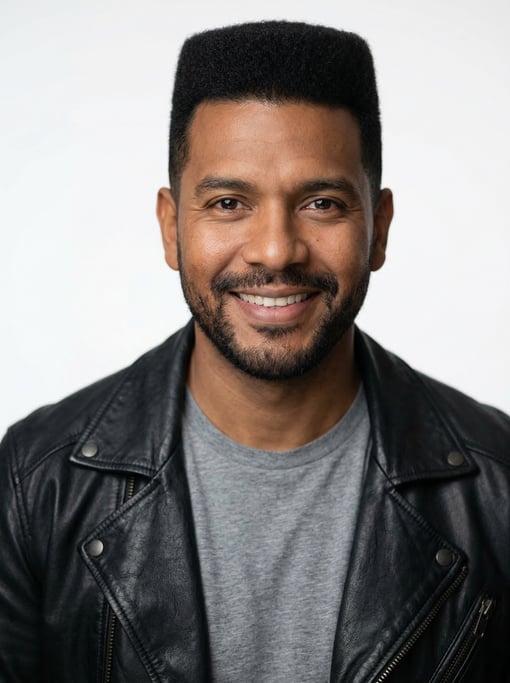 Professional studio headshot of a 38-year-old Colombian man with a flat top in black