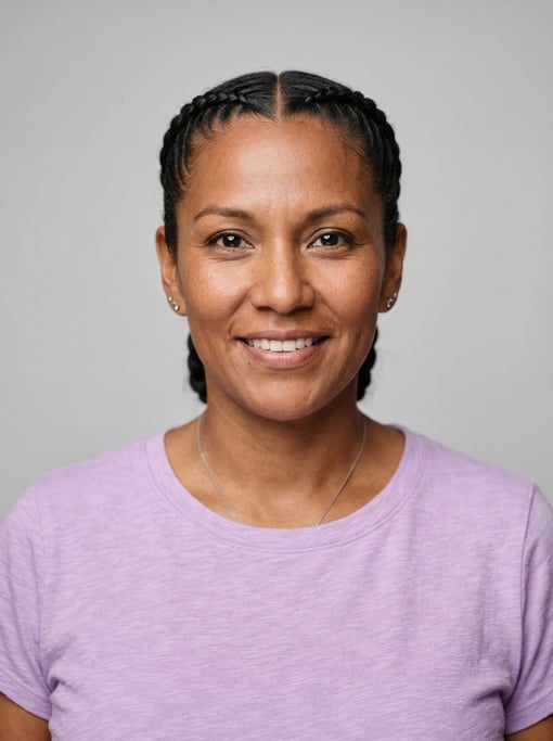 Professional studio headshot of a 39-year-old Native American woman with cornrows pulled back neatly