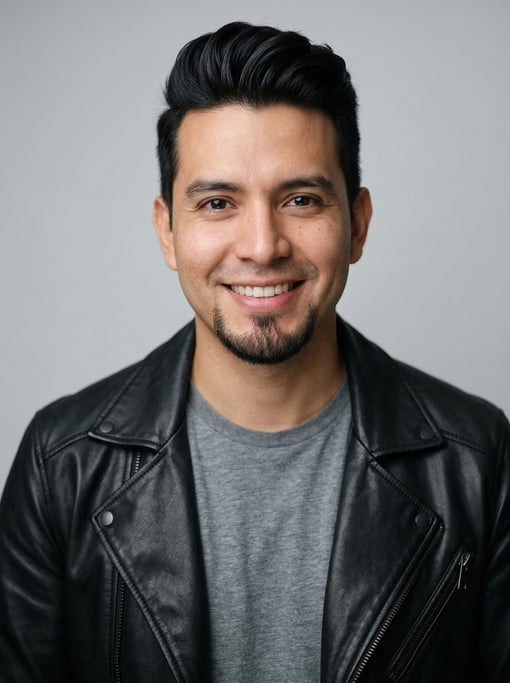 Professional studio headshot of a 30-year-old Colombian man with a quiff in black, a goatee