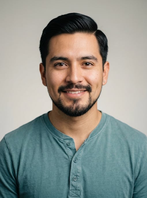 Professional studio headshot of a 24-year-old Mexican man with neat black side-parted hair