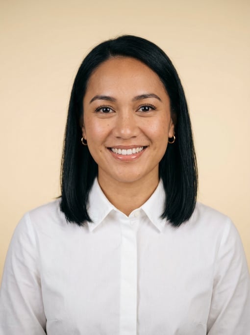 Professional studio headshot of a 25-year-old Polynesian woman with shoulder-length straight black h