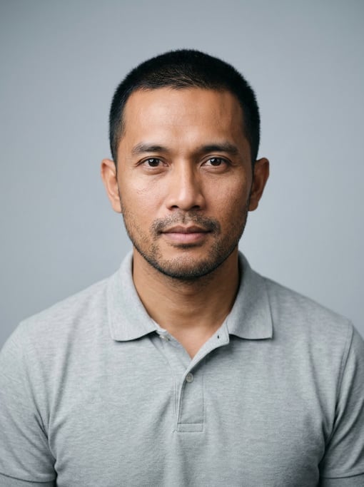 Professional studio headshot of a 38-year-old Indonesian man with short cropped black hair
