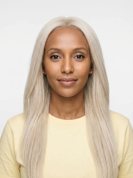 Professional studio headshot of a 34-year-old Ethiopian woman with long straight platinum blonde hai