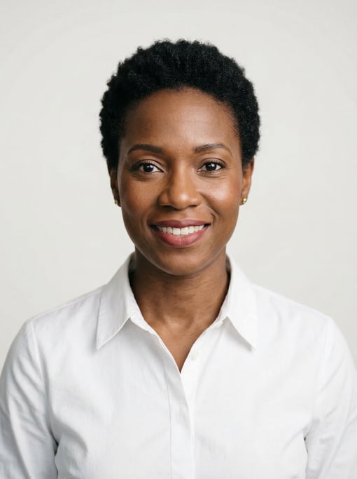 Professional studio headshot of a 40-year-old Black American woman with a short TWA hairstyle in bla