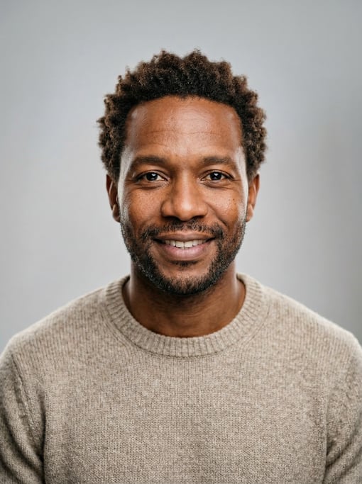 Professional studio headshot of a 39-year-old Black Caribbean man with short textured dark brown hai