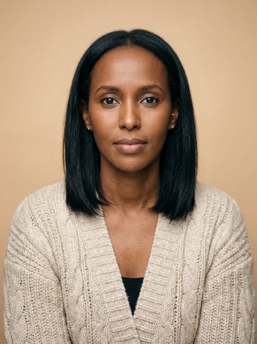 Professional studio headshot of a 38-year-old Somali woman with shoulder-length straight black hair