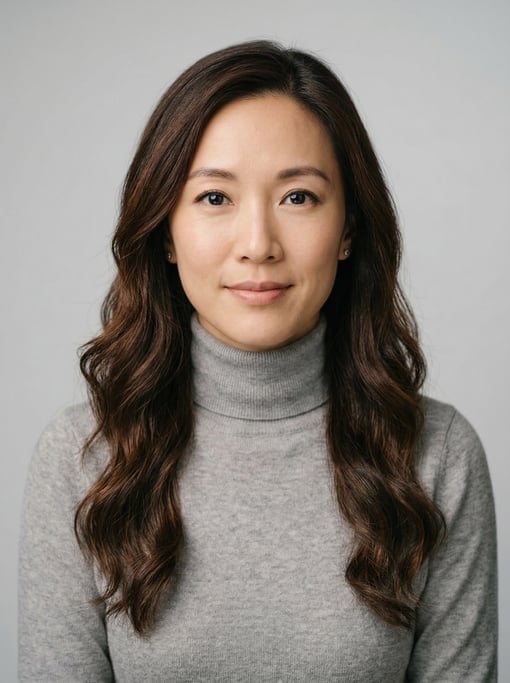Professional studio headshot of a 39-year-old East Asian woman with long wavy dark brown hair