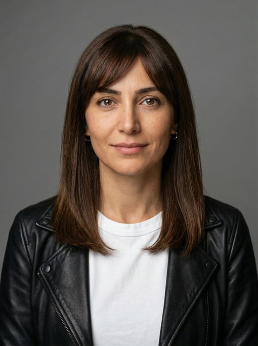 Professional studio headshot of a 34-year-old Persian woman with shoulder-length straight brown hair