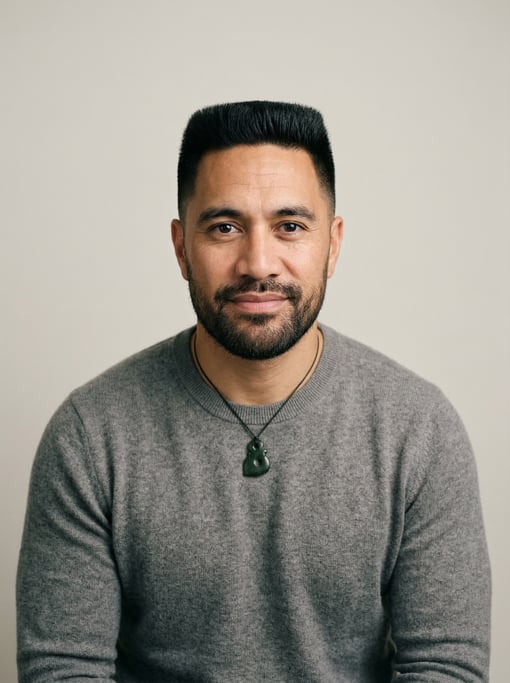 Professional studio headshot of a 36-year-old Maori man with a flat top in black