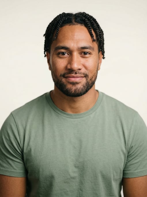 Professional studio headshot of a 28-year-old Pacific Islander man with twists in dark brown