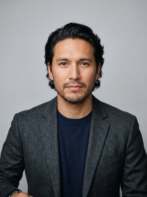 Professional studio headshot of a 39-year-old Native American man with medium-length wavy black hair
