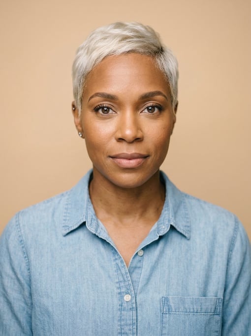 Professional studio headshot of a 35-year-old Black American woman with a short pixie cut in platinu