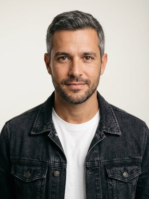 Professional studio headshot of a 33-year-old Brazilian man with short salt-and-pepper hair neatly c