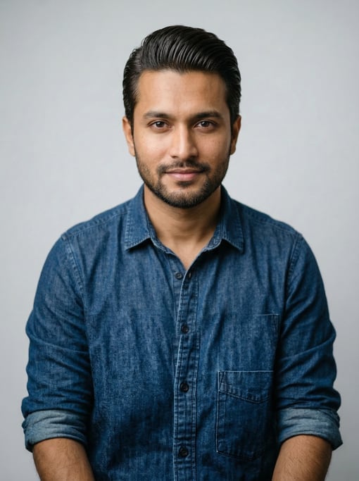 Professional studio headshot of a 27-year-old Bengali man with a slicked-back style in dark brown