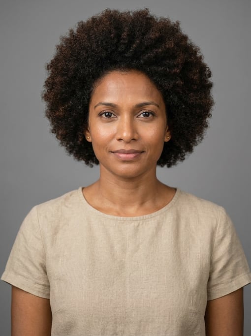 Professional studio headshot of a 38-year-old Sri Lankan woman with a natural afro in dark brown