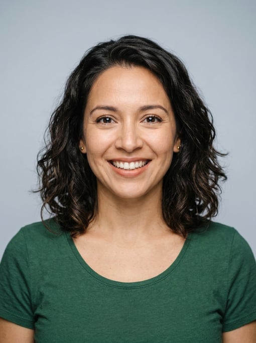 Professional studio headshot of a 31-year-old Latina woman with a textured lob in dark brown