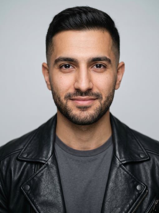 Professional studio headshot of a 25-year-old Persian man with a short clean fade