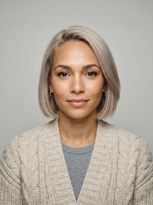 Professional studio headshot of a 36-year-old mixed-race woman with a chin-length bob in ash blonde