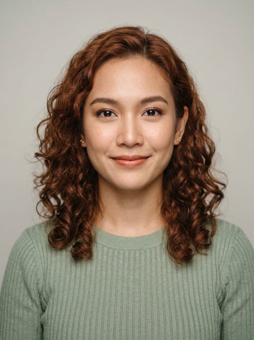 Professional studio headshot of a 24-year-old Thai woman with shoulder-length curly auburn hair