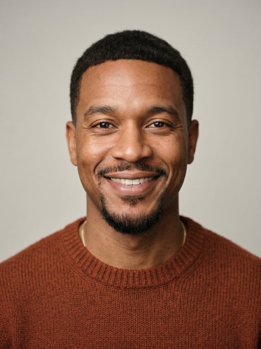 Professional studio headshot of a 32-year-old Jamaican man with a French crop in dark brown