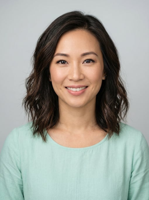 Professional studio headshot of a 35-year-old East Asian woman with a textured lob in dark brown