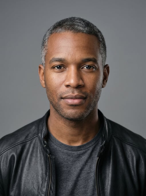 Professional studio headshot of a 28-year-old Black African man with short salt-and-pepper hair neat