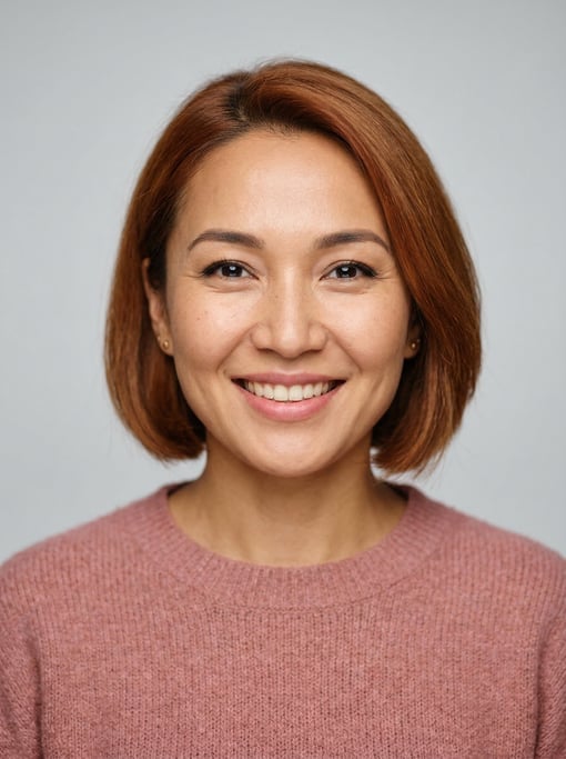 Professional studio headshot of a 31-year-old Central Asian woman with a chin-length bob in auburn