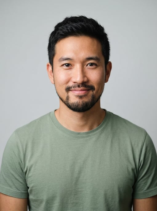 Professional studio headshot of a 31-year-old East Asian man with short textured black hair