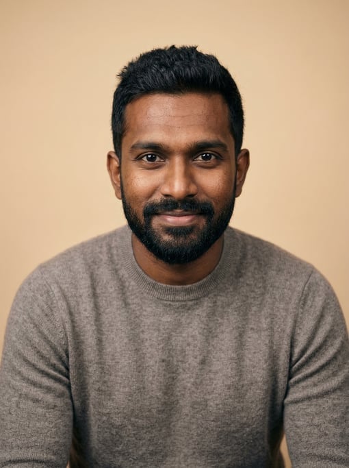 Professional studio headshot of a 30-year-old Sri Lankan man with short textured black hair