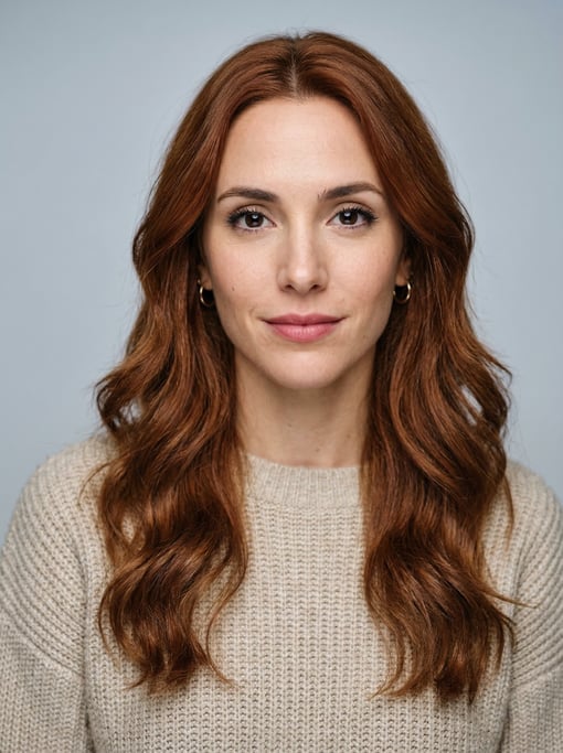 Professional studio headshot of a 28-year-old Argentinian woman with long wavy auburn hair