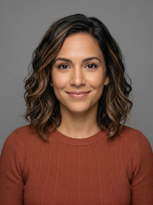 Professional studio headshot of a 32-year-old Puerto Rican woman with a textured lob with balayage h