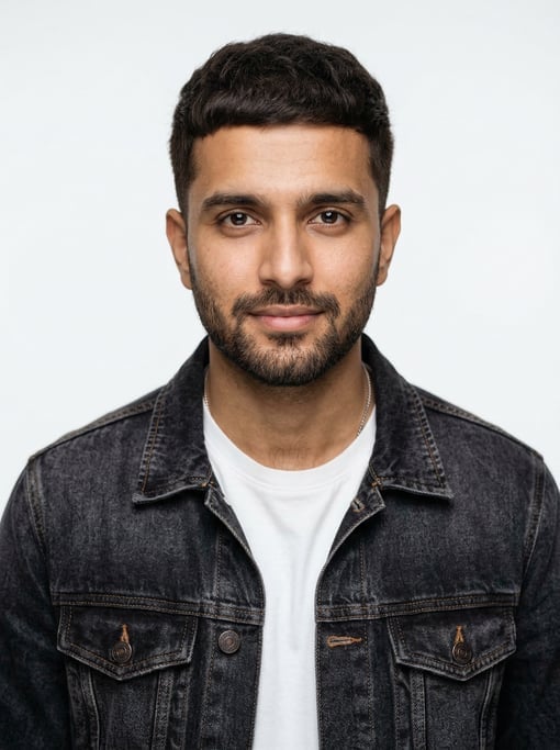 Professional studio headshot of a 25-year-old Indian man with a dark brown textured crop