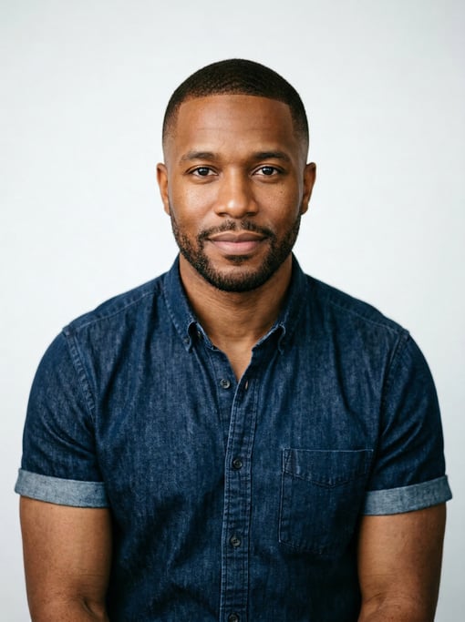 Professional studio headshot of a 33-year-old Black American man with a taper fade in dark brown
