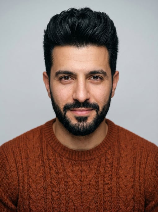 Professional studio headshot of a 34-year-old Middle Eastern man with a quiff in black