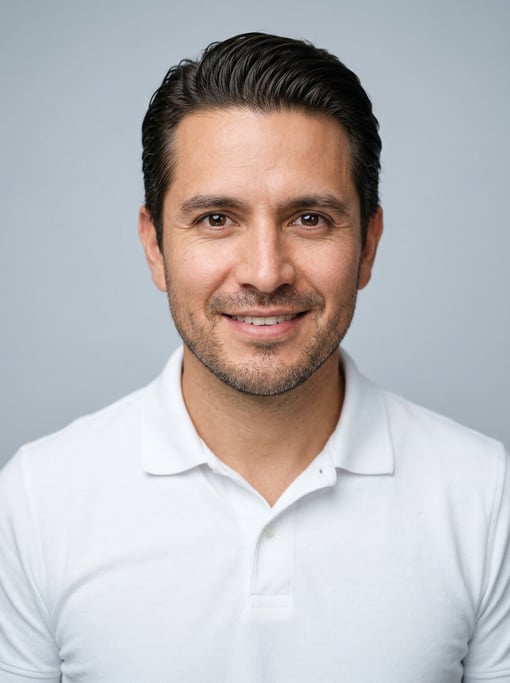 Professional studio headshot of a 37-year-old Mexican man with a slicked-back style in dark brown