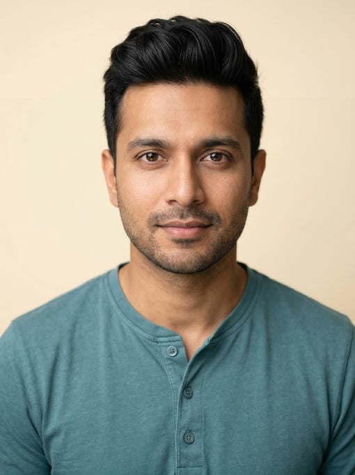Professional studio headshot of a 35-year-old South Asian man with a quiff in black